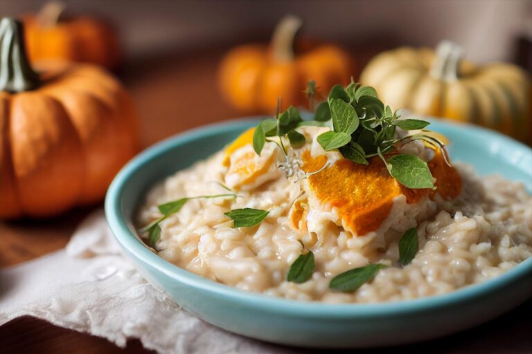 Immagine di un risotto cremoso in un piatto elegante, decorato da erbe fresche e ingredienti gourmet.